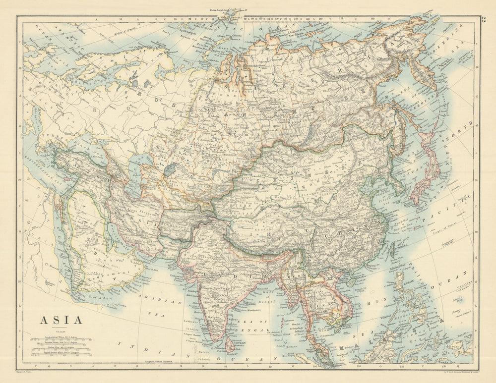 Asia by W. & A.K. Johnston 1885 old antique vintage map plan chart