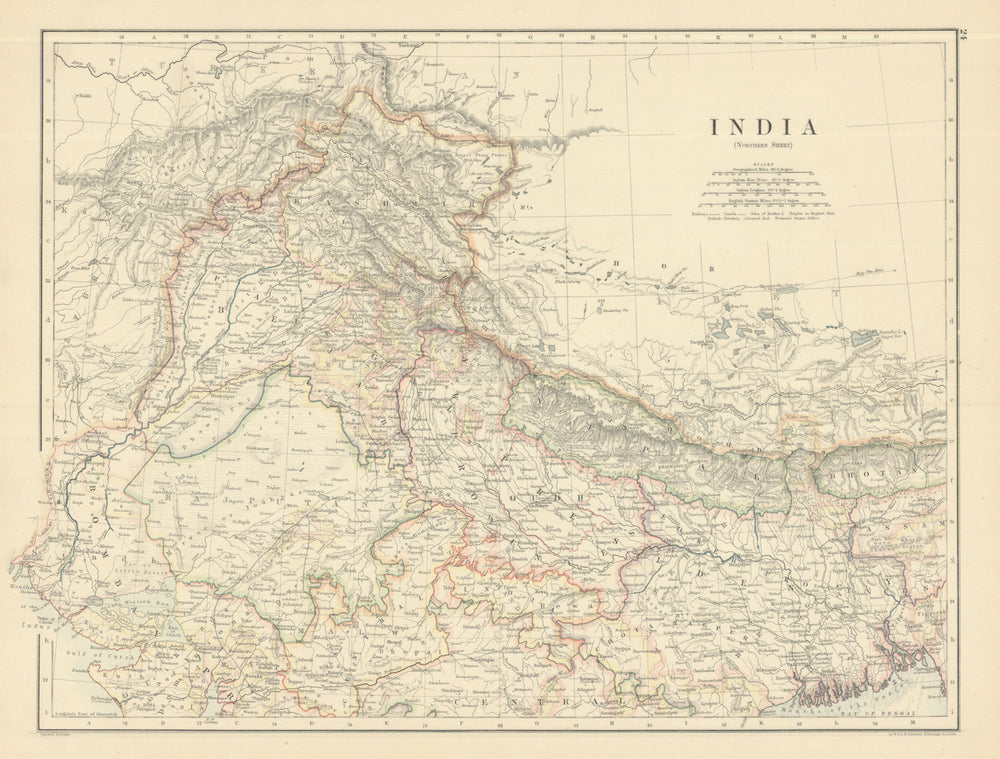 India (Northern Sheet) by W. & A.K. Johnston 1885 old antique map plan chart