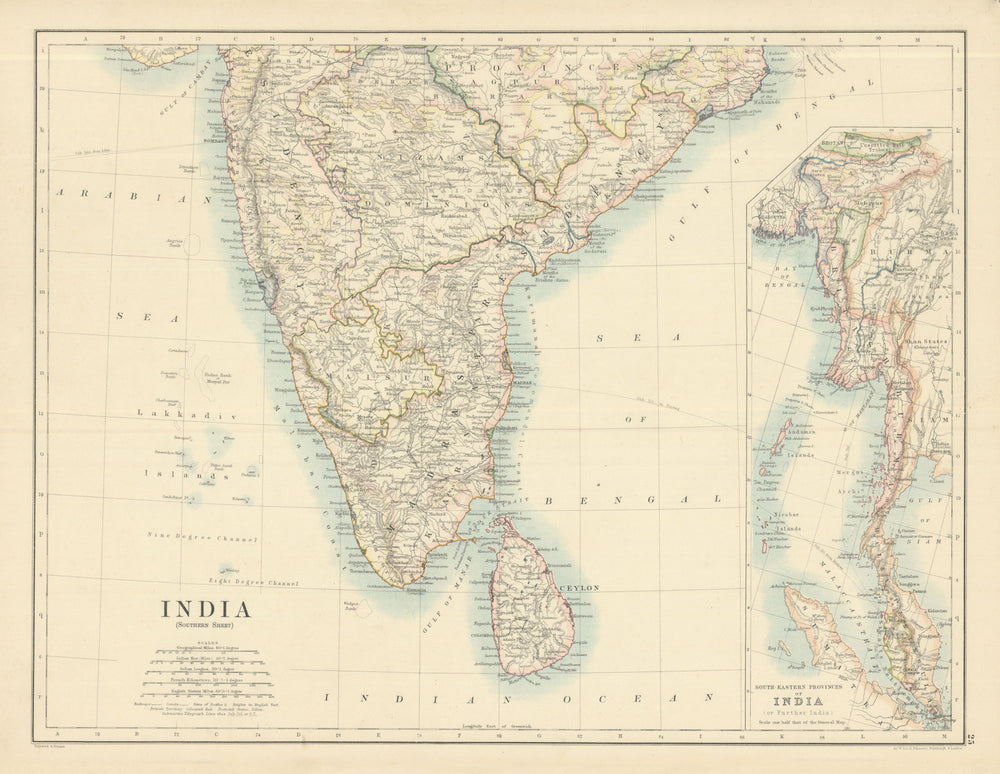 India (Southern Sheet) by W. & A.K. Johnston 1885 old antique map plan chart