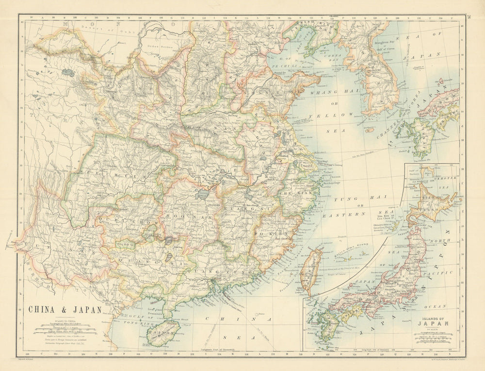 China and Japan by W. & A.K. Johnston 1885 old antique vintage map plan chart