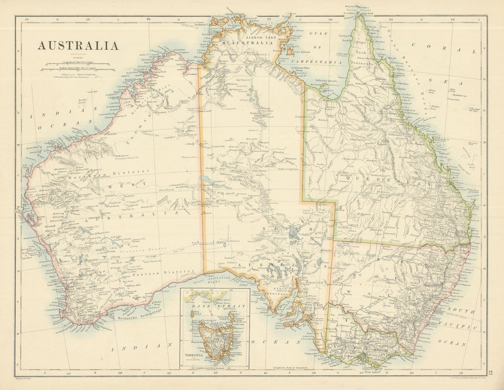 Australia by W. & A.K. Johnston 1885 old antique vintage map plan chart