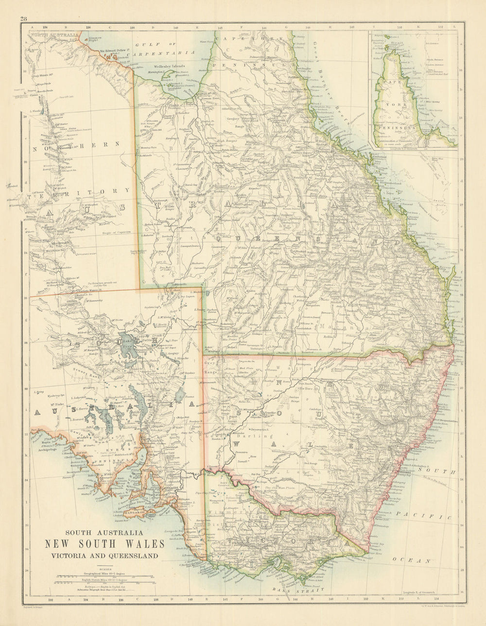 South Australia—New South Wales—Victoria—Queensland by W & AK Johnston 1885 map