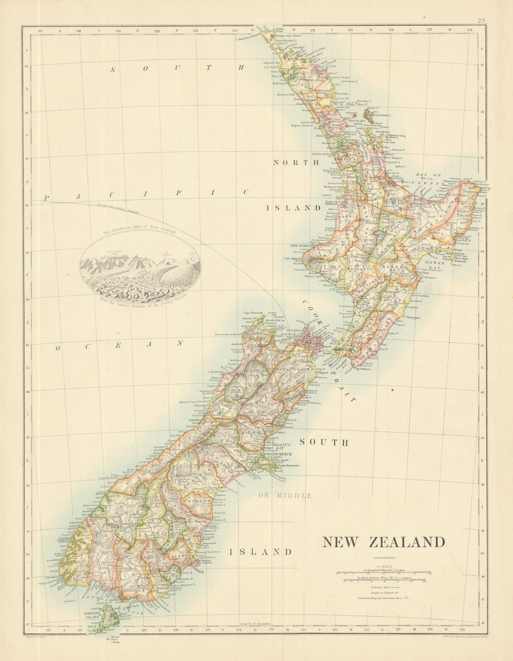 New Zealand by W. & A.K. Johnston 1885 old antique vintage map plan chart