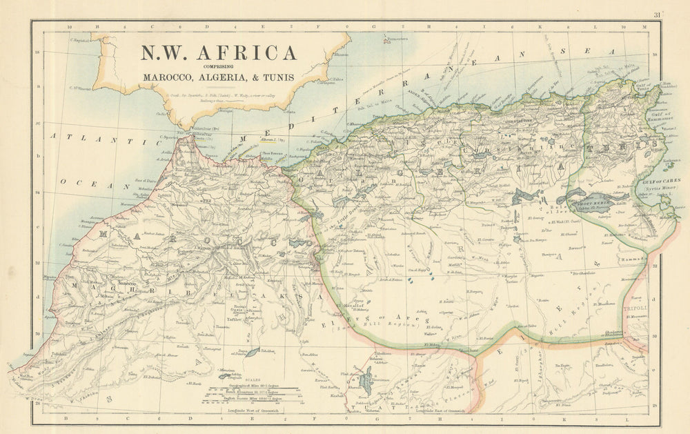 North-West Africa comprising Morocco, Algeria & Tunisia. Johnston 1885 old map
