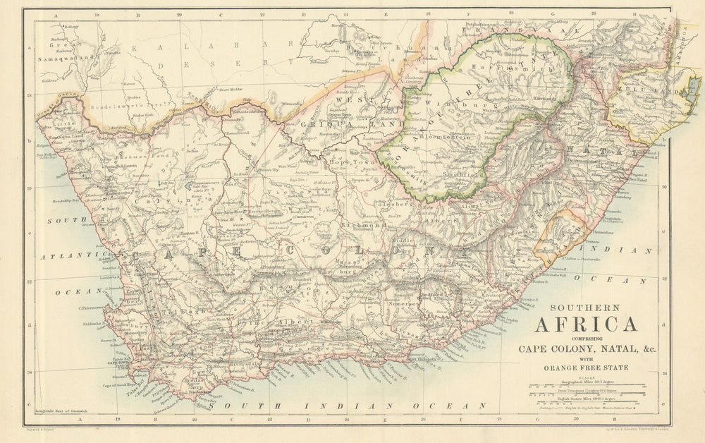 Southern Africa by W. & A.K. Johnston 1885 old antique vintage map plan chart