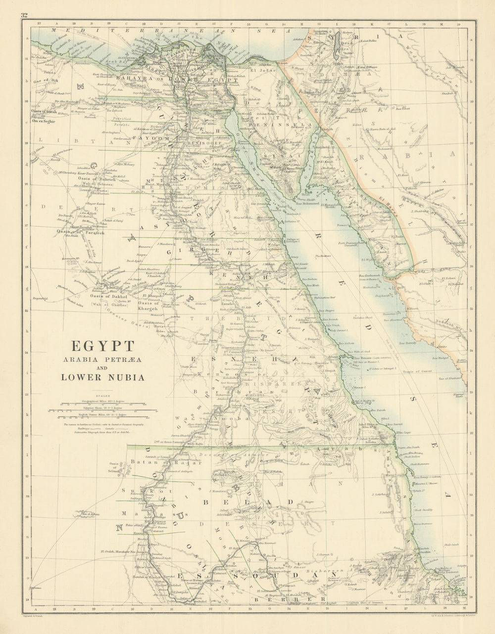 Egypt, Arabia Petraea and Lower Nubia by W. & A.K. Johnston 1885 old map