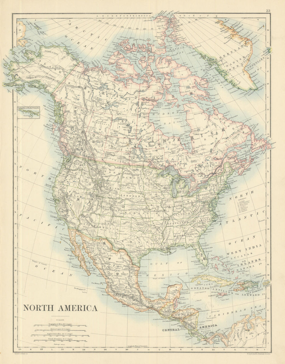 North America by W. & A.K. Johnston 1885 old antique vintage map plan chart