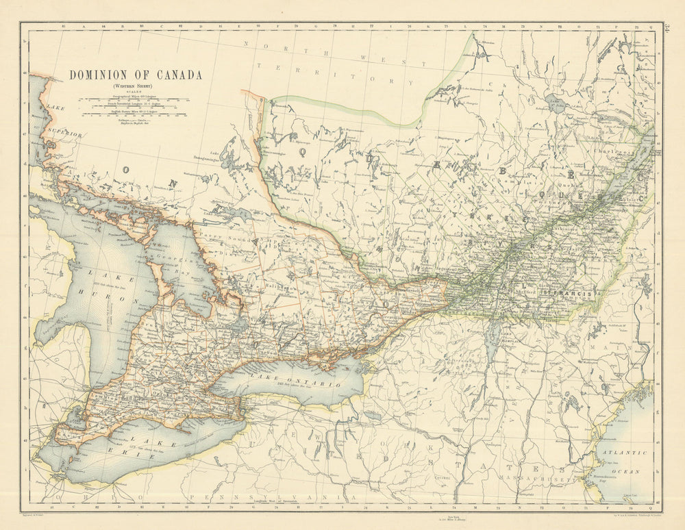 Dominion of Canada (Western Sheet) by W. & A.K. Johnston 1885 old antique map