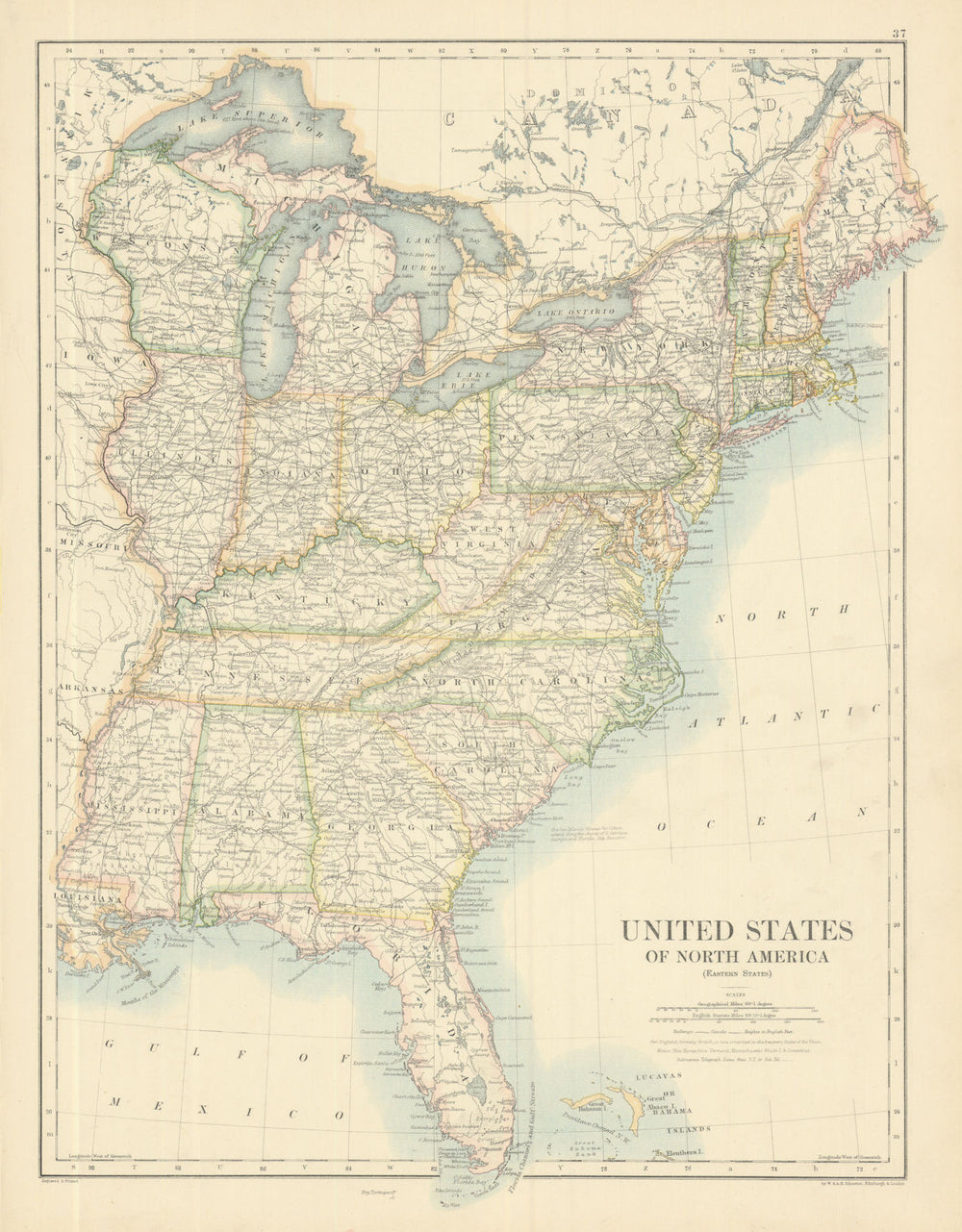 United States of North America (Eastern States) by W. & A.K. Johnston 1885 map