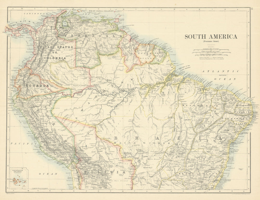 South America (Northern Sheet) by W. & A.K. Johnston 1885 old antique map