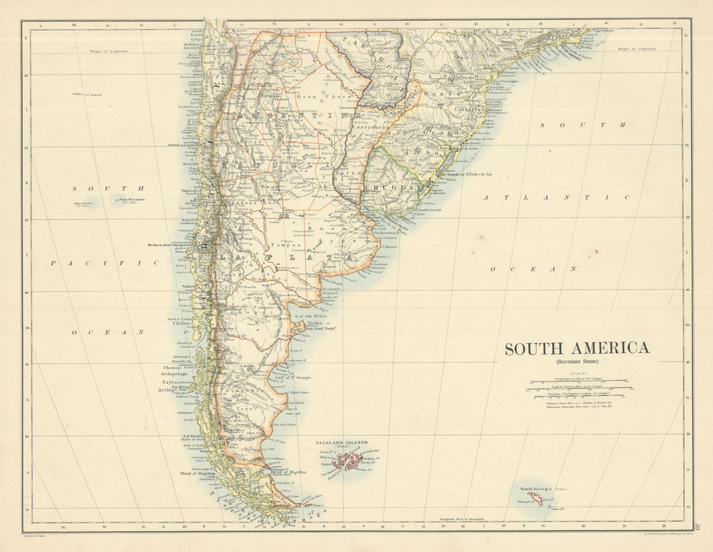 South America (Southern Sheet) by W. & A.K. Johnston 1885 old antique map