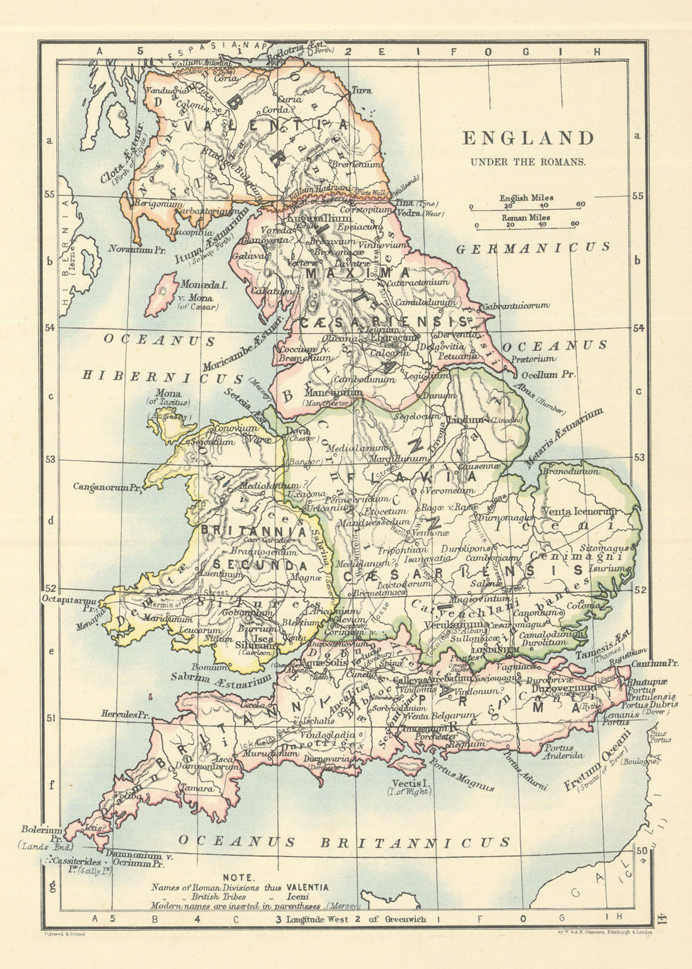 England Britannia Under the Romans by W. & A.K. Johnston. Britannia 1885 map