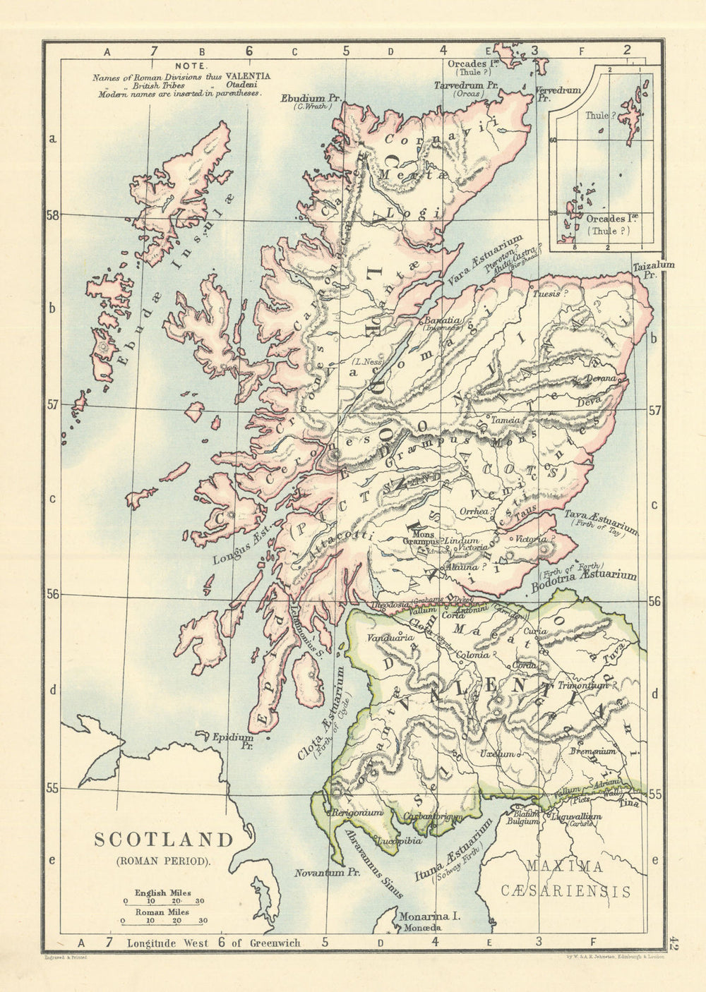 Scotland in the Roman Period by W. & A.K. Johnston 1885 old antique map chart