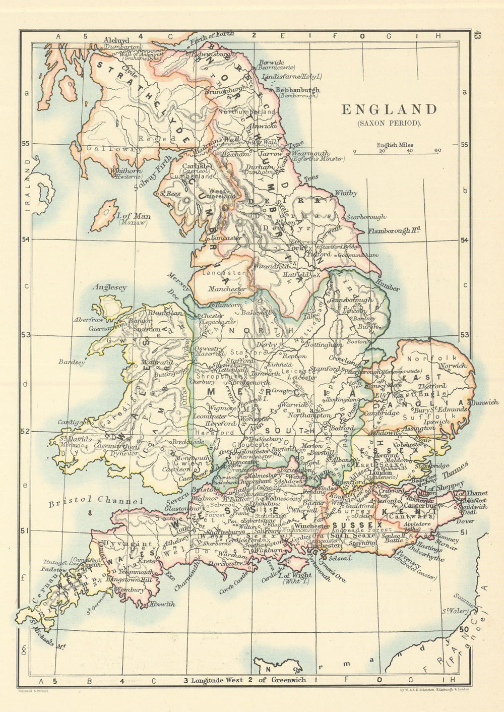 England in the Saxon Period by W. & A.K. Johnston 1885 old antique map chart