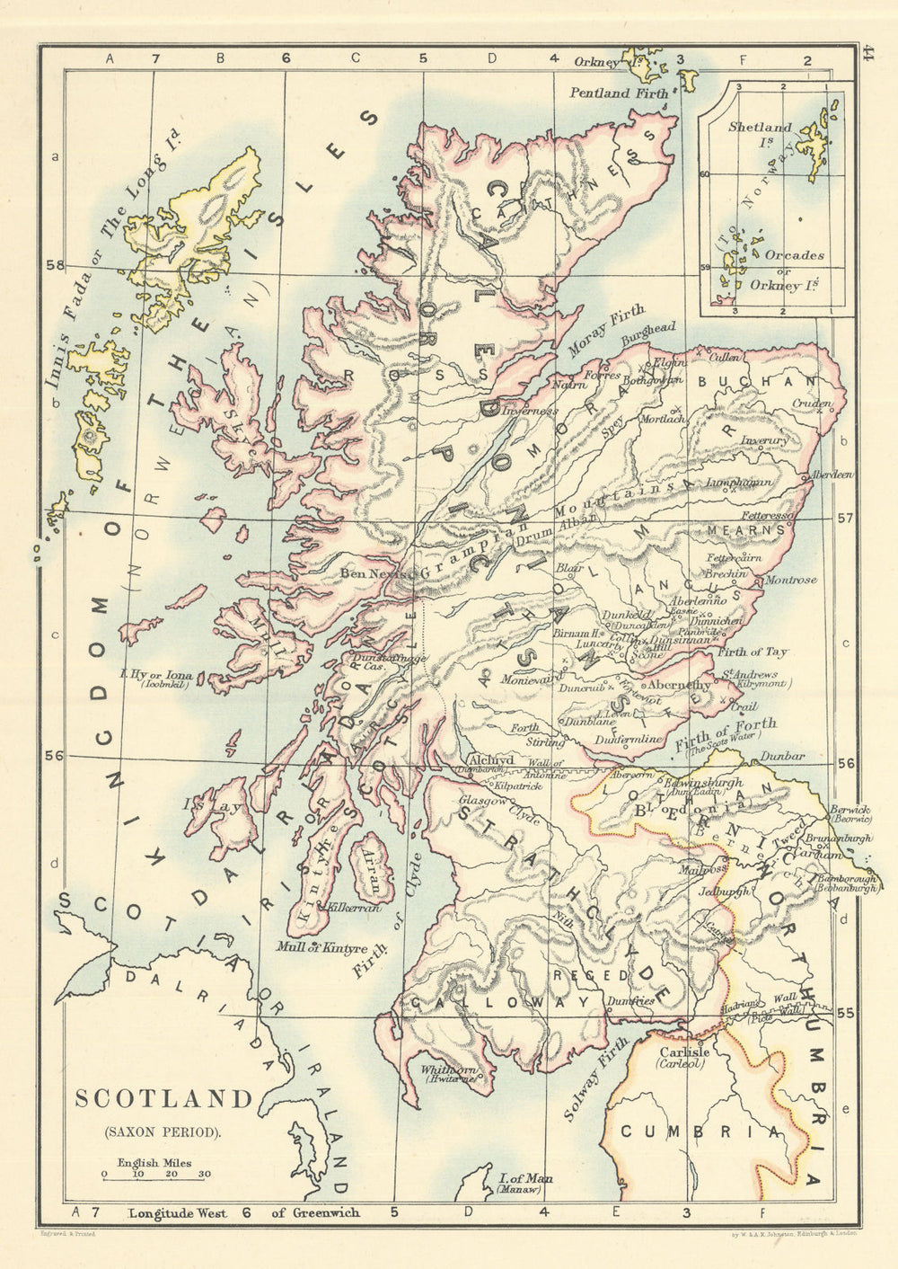 Scotland in the Saxon Period by W. & A.K. Johnston 1885 old antique map chart