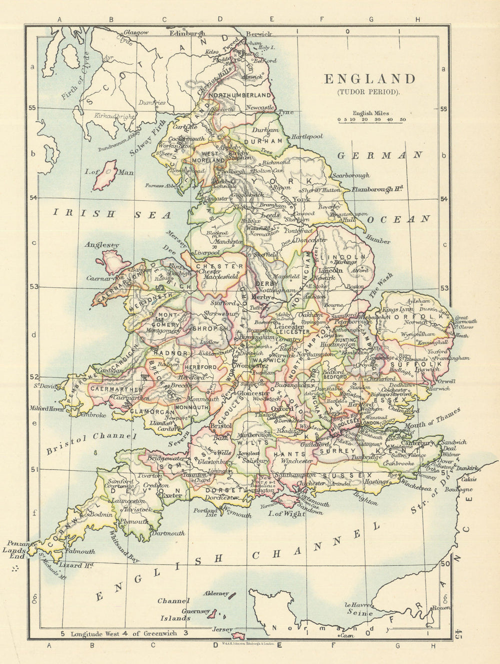 England in the Tudor Period by W. & A.K. Johnston 1885 old antique map chart