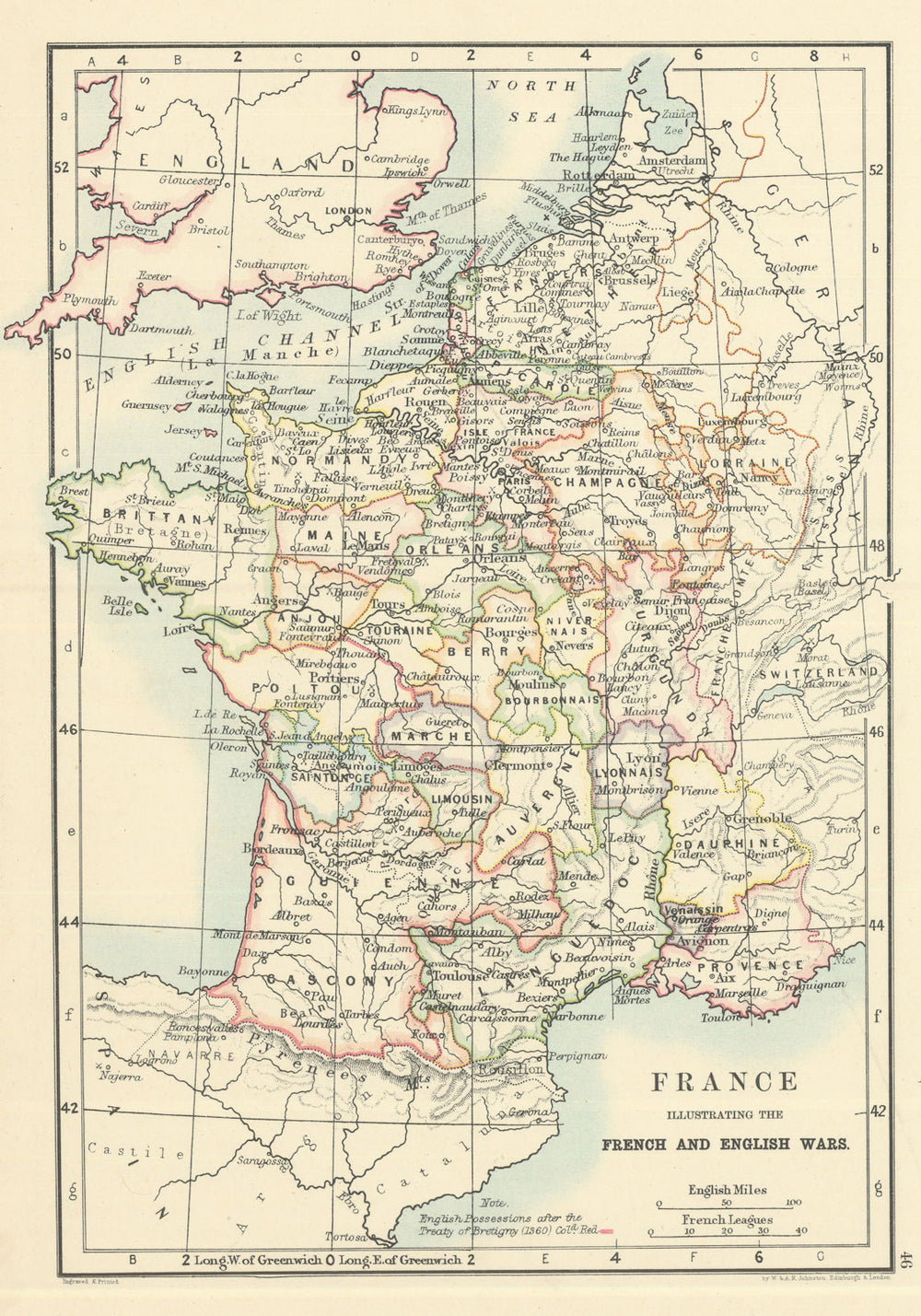 France, illustrating French & English Wars. 100 Years' War 1885 old map