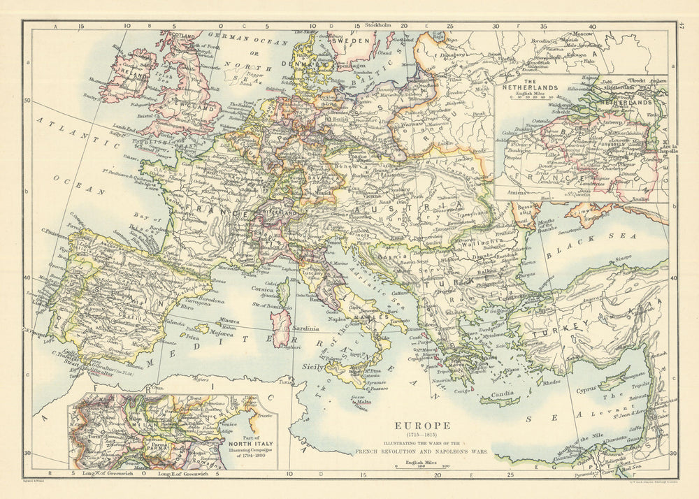Europe 1715–1815 showing French Revolutionary & Napoleonic Wars 1885 old map