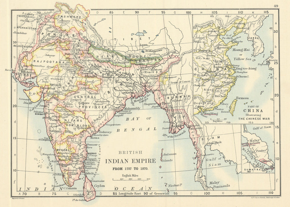 British Indian Empire from 1757 to 1886 by W. & A.K. Johnston 1885 old map