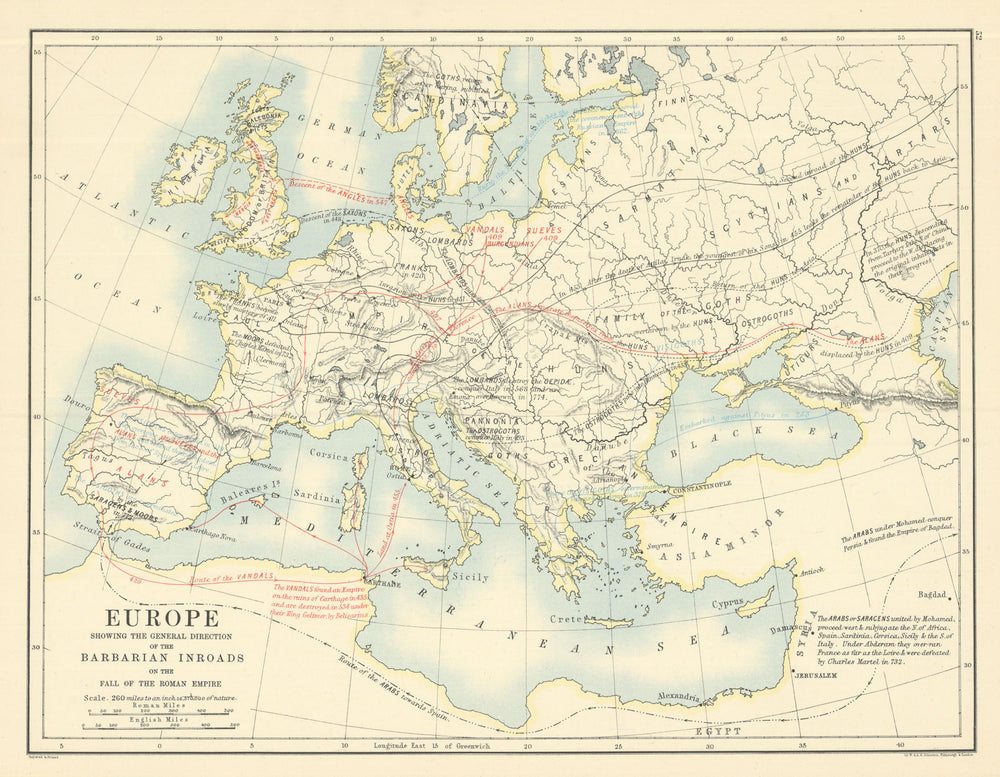 Europe, showing the Barbarian Inroads on the Fall of the Roman Empire 1885 map