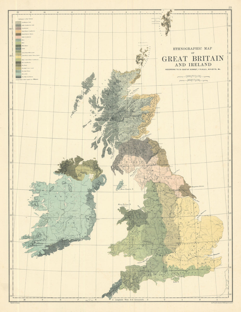 Ethnographic Map of Great Britain and Ireland by W. & A.K. Johnston 1885