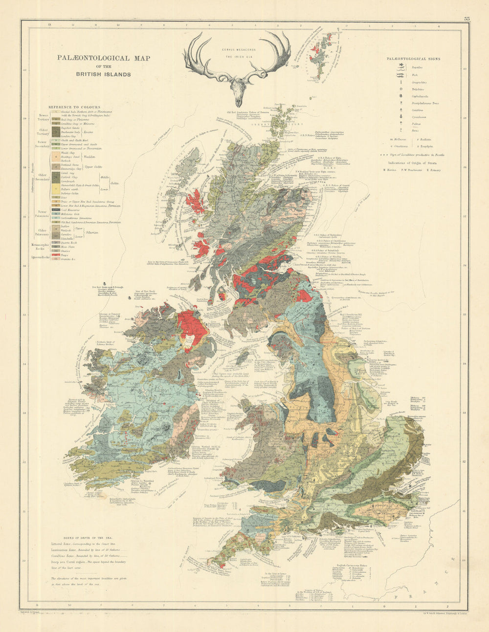 Palaeontological Map of the British Islands by W. & A.K. Johnston 1885 old