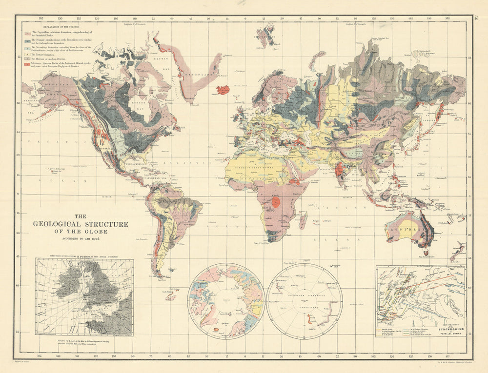 Geological Structure of the Globe according to Ami Boué 1885 old antique map