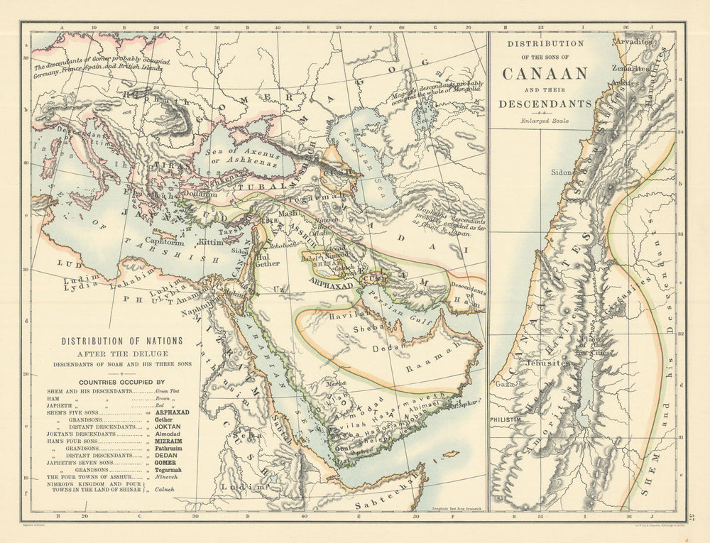 Distribution of Nations After the Deluge. Flood. By W. & A.K. Johnston 1885 map