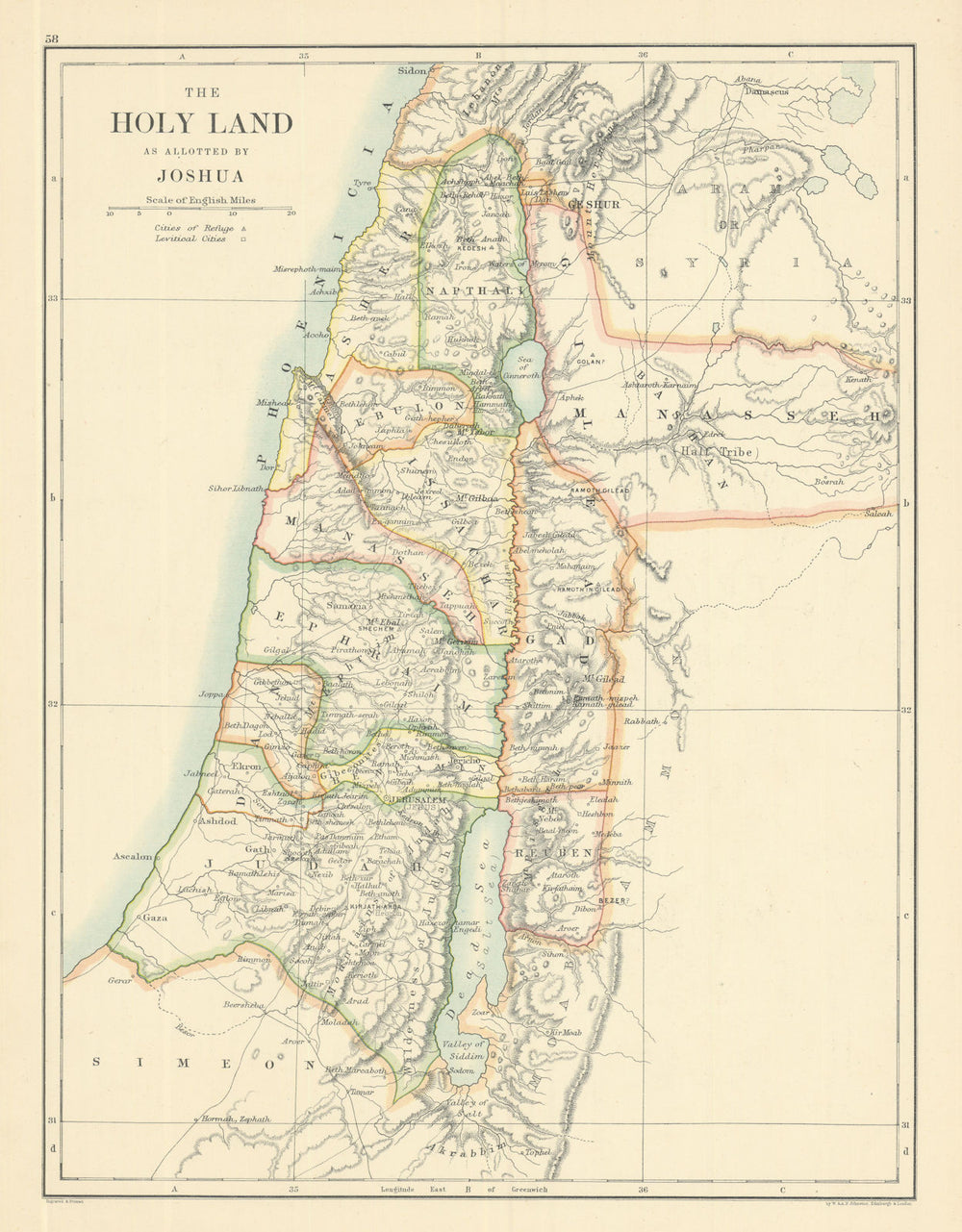 The Holy Land as allotted by Joshua. Palestine Israel 1885 old antique map