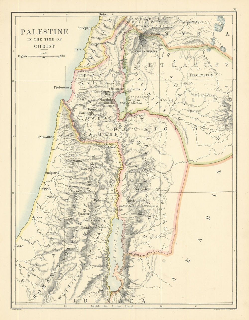 Palestine In the Time of Christ by W. & A.K. Johnston. Israel 1885 old map