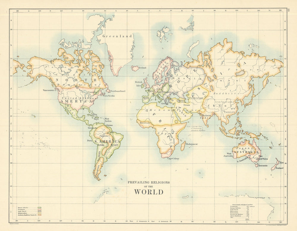 Prevailing Religions of the World by W. & A.K. Johnston 1885 old antique map