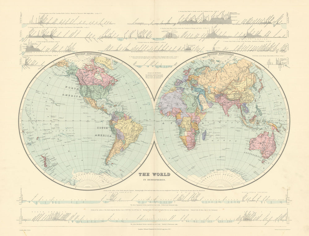 World In Hemispheres with Continental sections. Large 61x49cm. STANFORD 1901 map