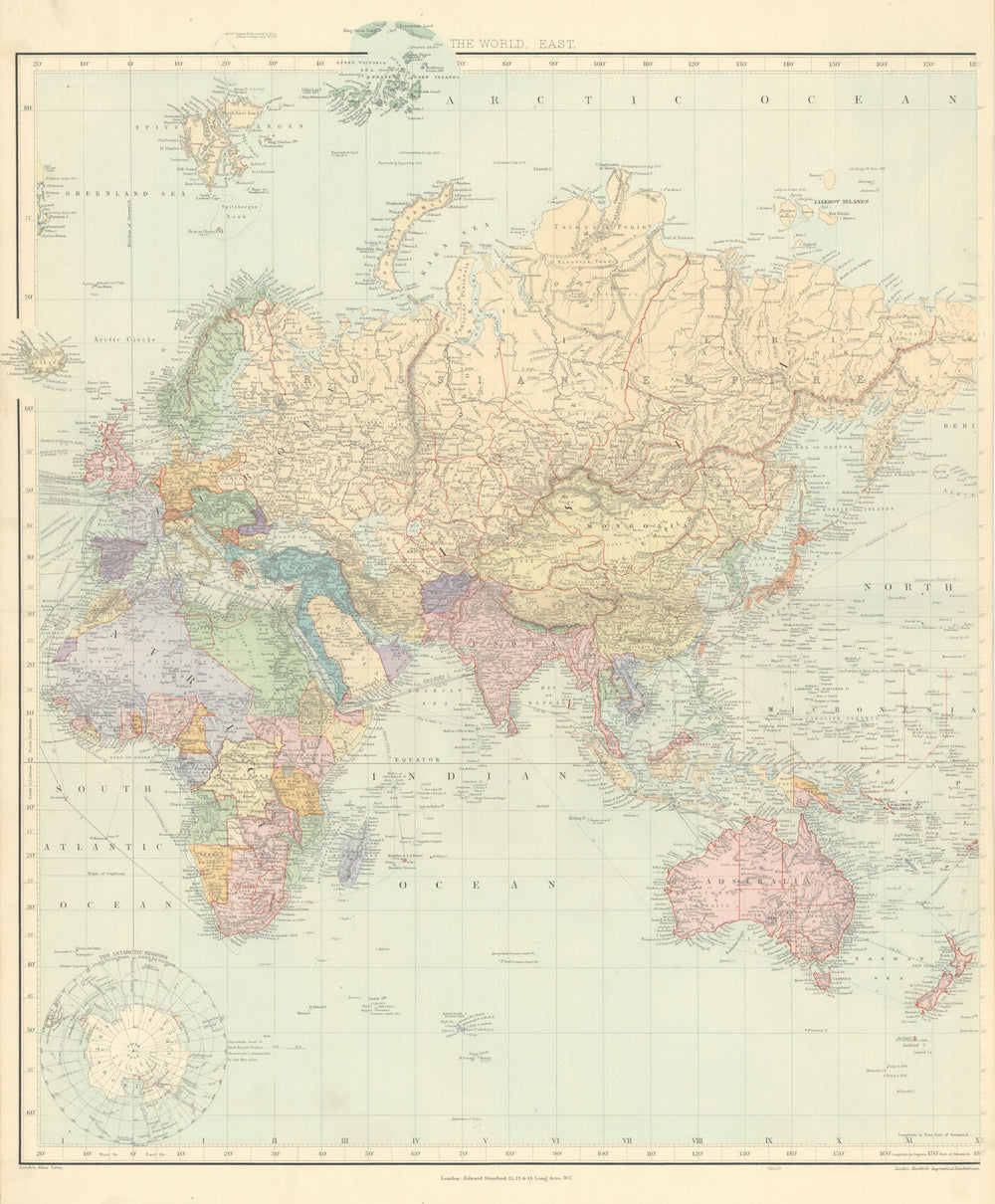 World on Mercator's Projection. East sheet. Europe Asia Africa STANFORD 1901 map