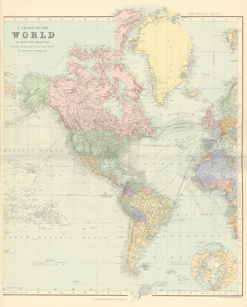 World on Mercator's Projection. West sheet. Americas. 67x55cm. STANFORD 1901 map