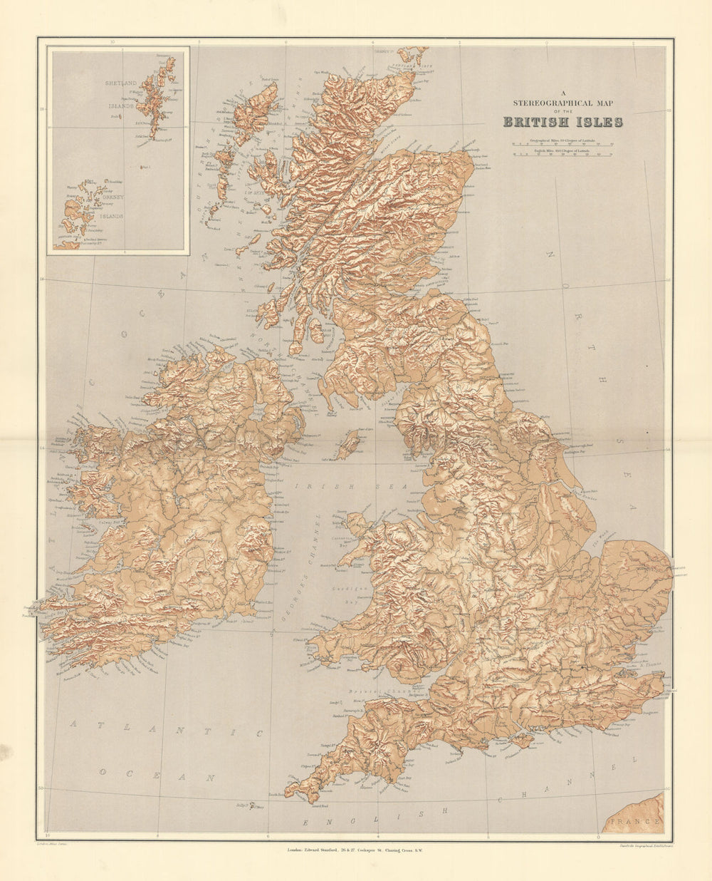 British Isles Stereographical. Mountains rivers. Large 65x52cm STANFORD 1901 map