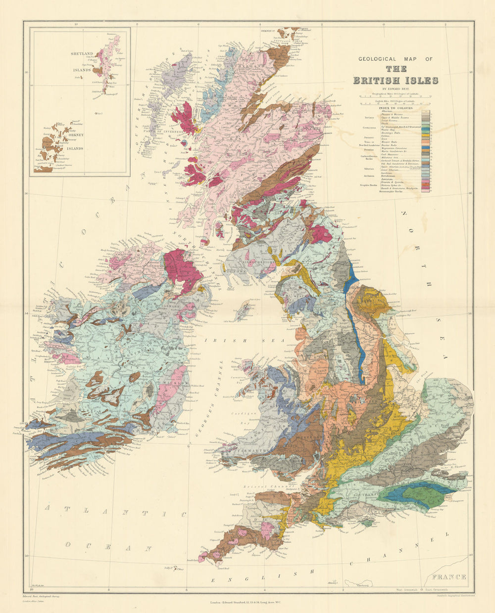 Geological Map of the British Isles. Large 66x53cm. STANFORD 1901 old