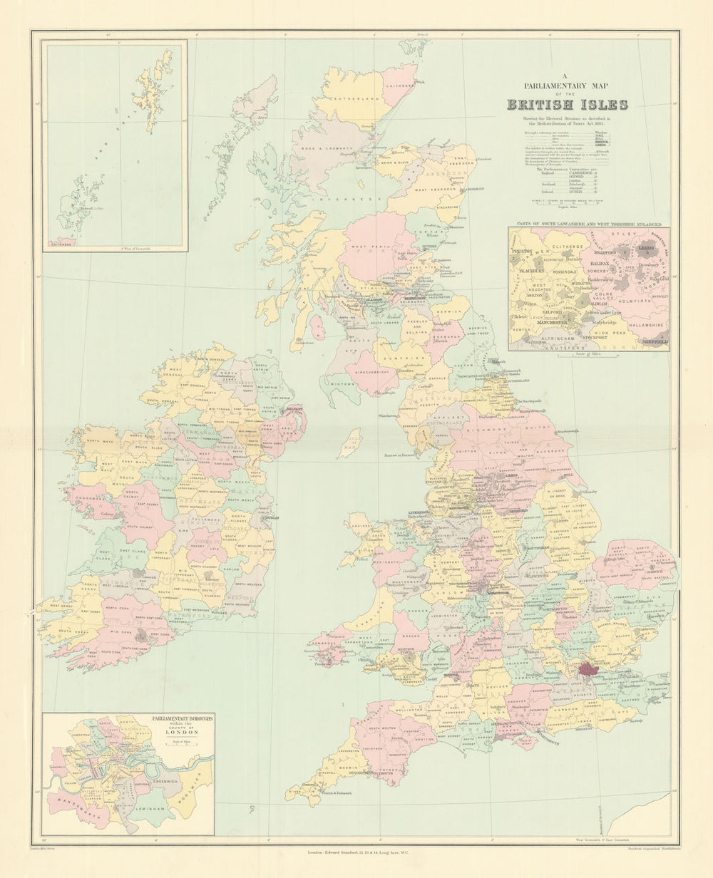 British Isles Parliamentary constituencies. Large 64x51cm. STANFORD 1901 map