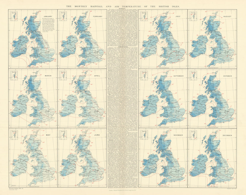 British Isles. Monthly rainfall & air temperature. 61x55cm. STANFORD 1901 map