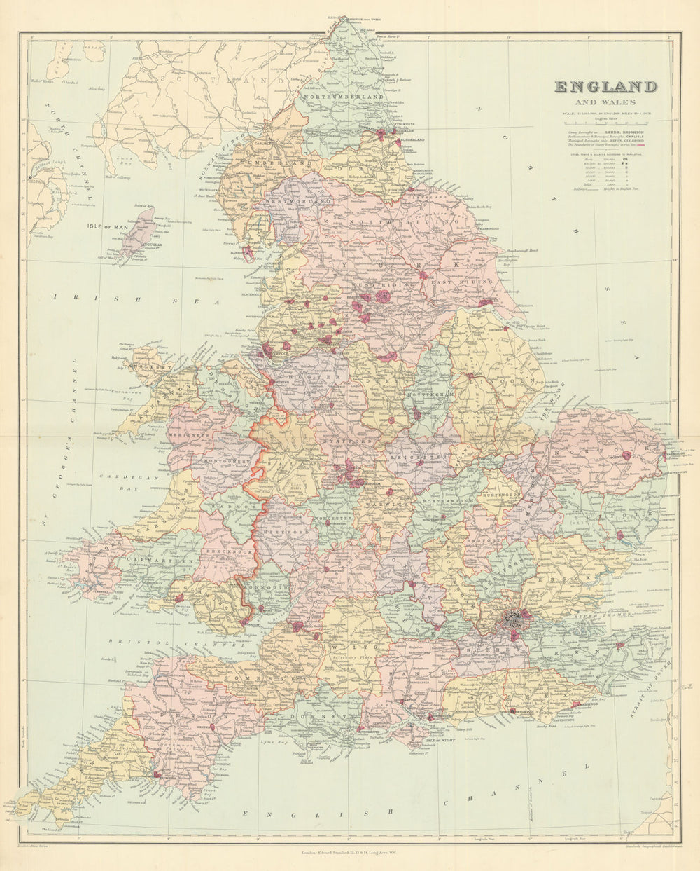 England and Wales in counties. Railways. Large 68x55cm. STANFORD 1901 old map