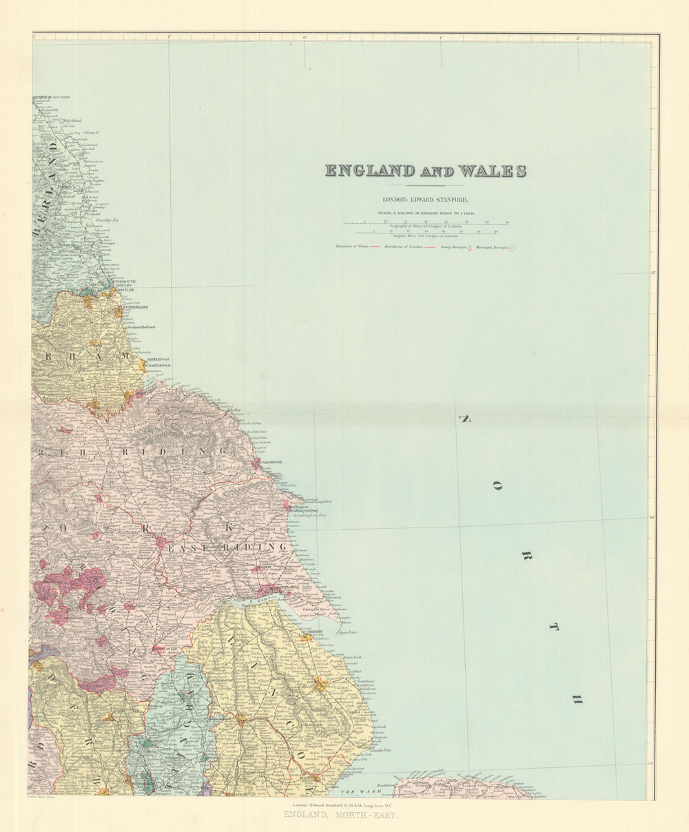 North east England. Tyneside Yorkshire Lincolnshire. 62x51cm STANFORD 1901 map