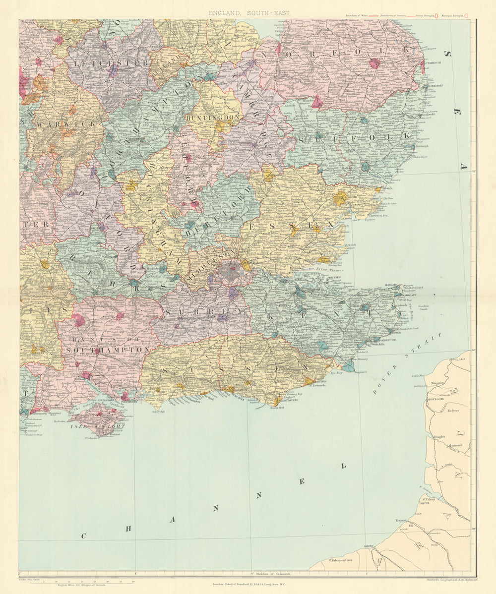 South east England. Counties & boroughs. Large 62x50cm. STANFORD 1901 old map