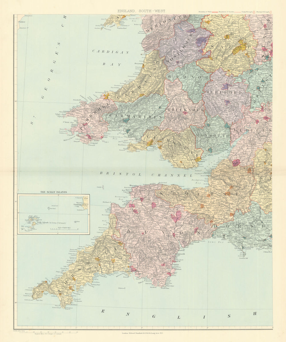South Wales & S. West England. Devon Cornwall Somerset 62x51cm STANFORD 1901 map