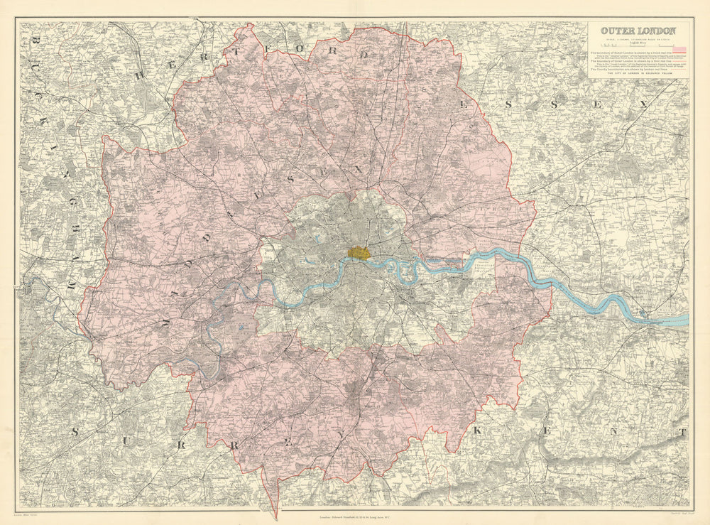 Outer [Greater] London. Metropolitan Police Area. 54x72cm. STANFORD 1901 map