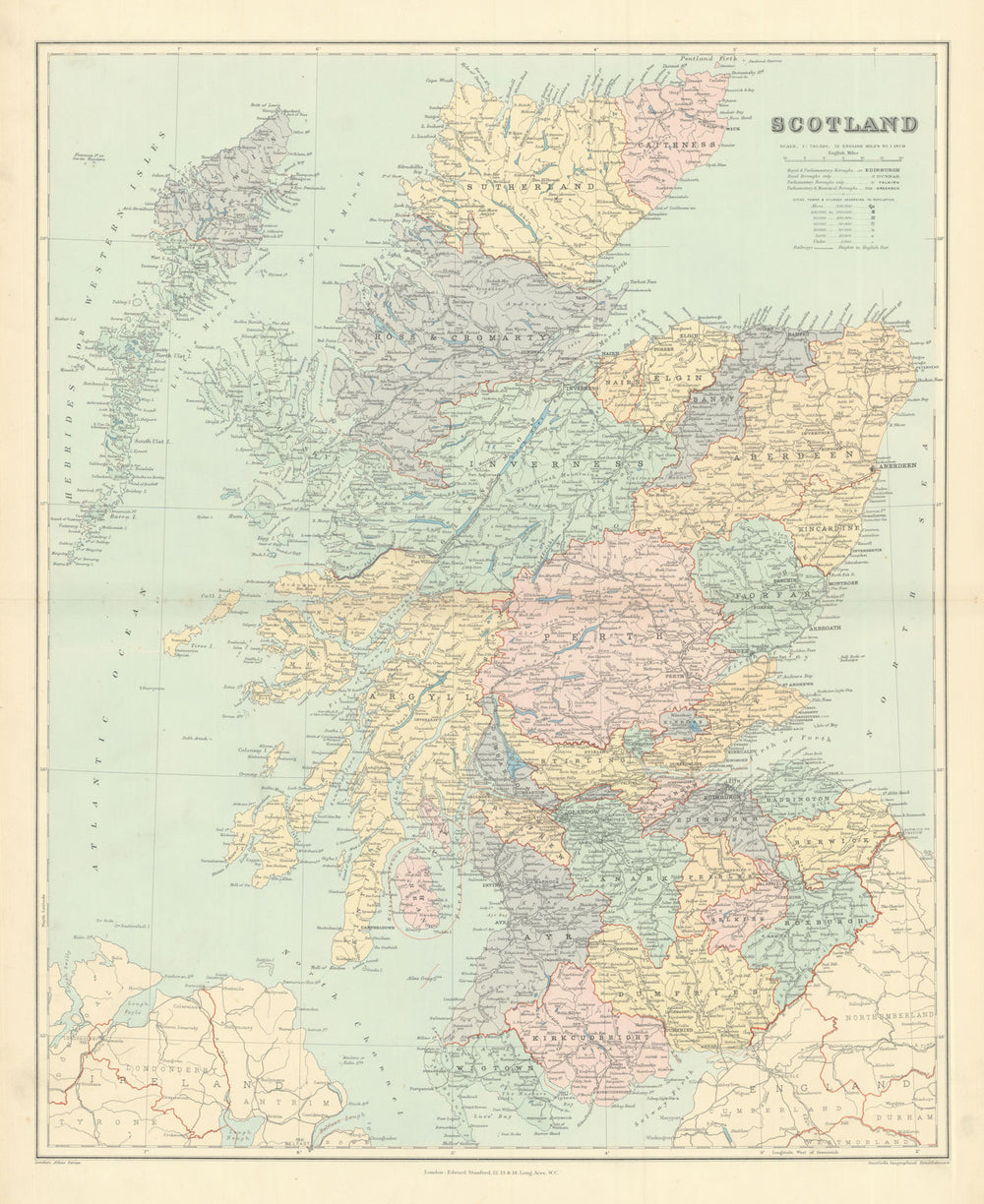 Scotland. Counties & railways. Large 66x54cm. STANFORD 1901 old antique map