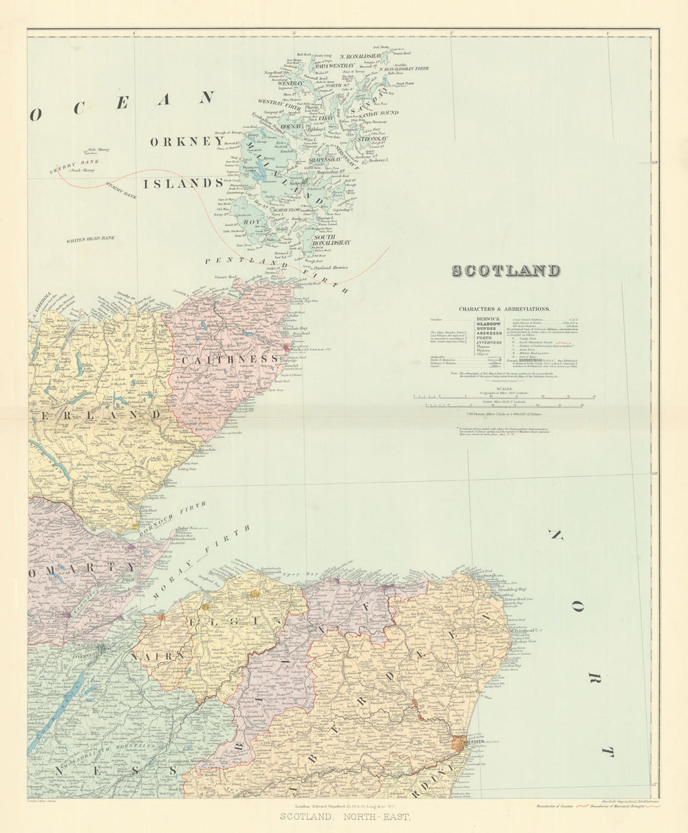 Scotland N.E. Orkney Cathiness Banff Elgin Aberdeen Sutherland STANFORD 1901 map
