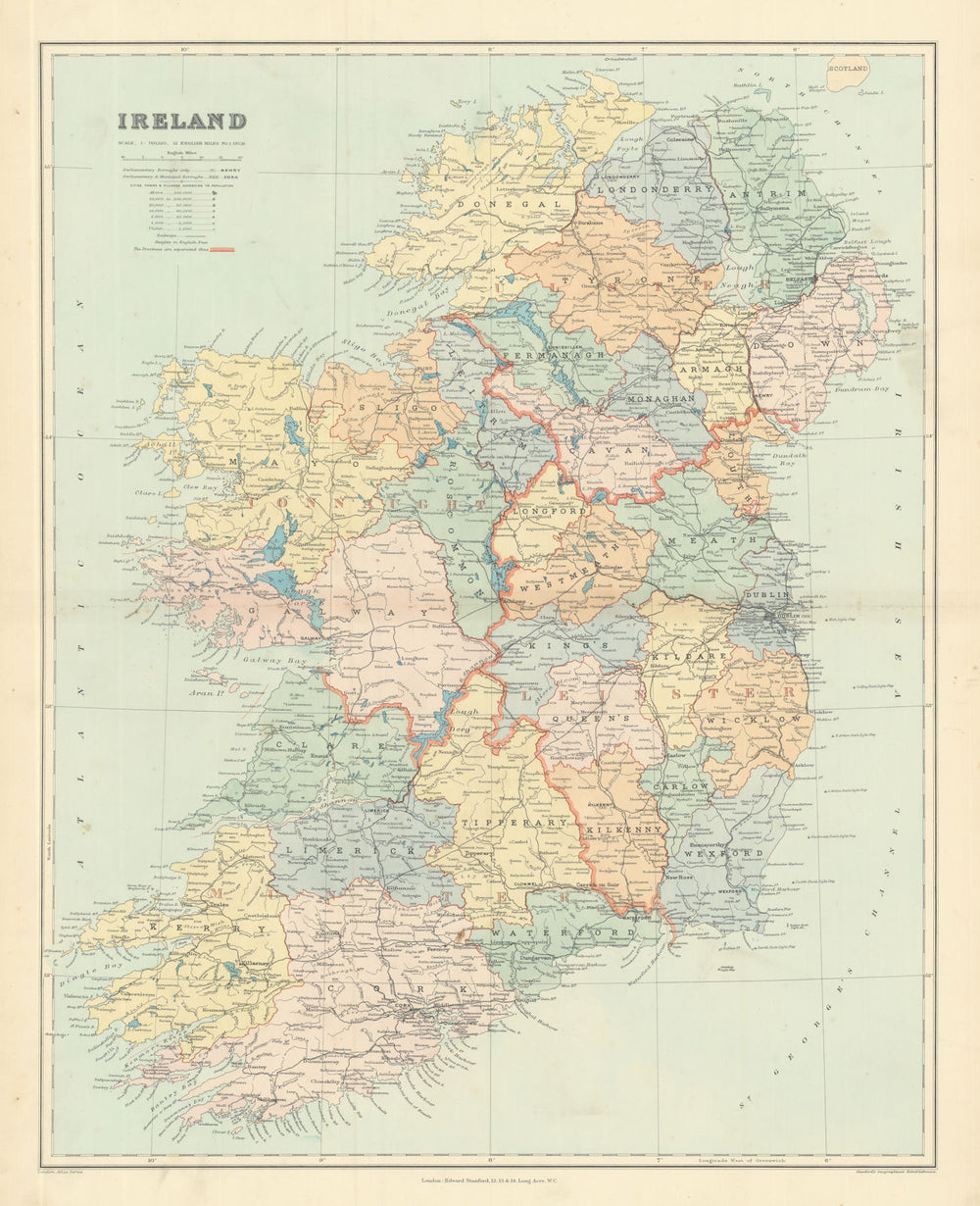 Ireland. Counties, railways & provinces. Large 64x52cm. STANFORD 1901 old map