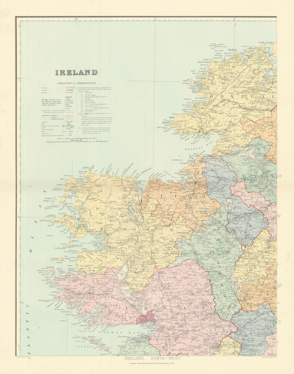 Ireland north-west. Connacht Mayo Galway Roscommon Leitrim. STANFORD 1901 map