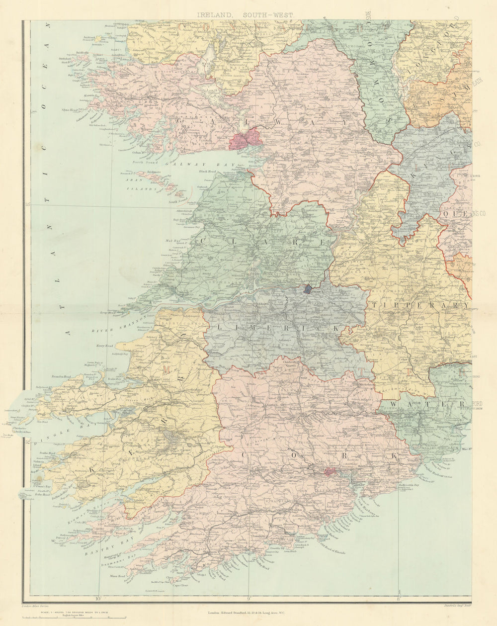 Ireland south-west Munster Kerry Limerick Cork Clare Limerick. STANFORD 1901 map