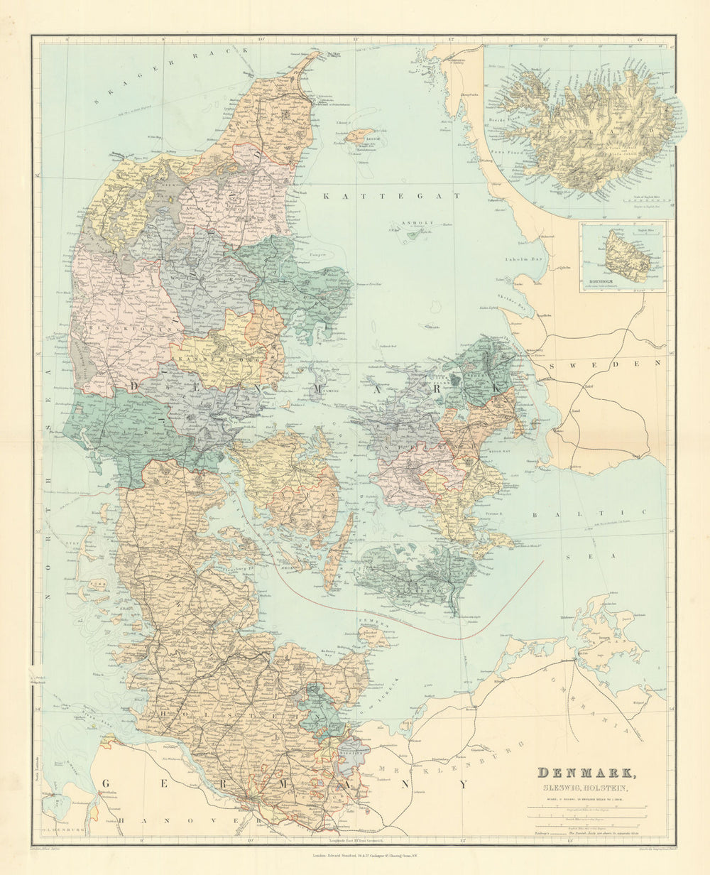 Denmark, Schleswig & Holstein. Iceland Bornholm. Large 66x52cm STANFORD 1901 map