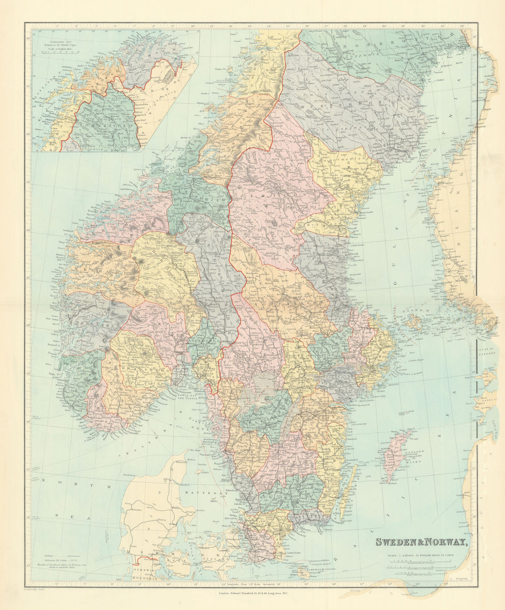 Scandinavia physical mountains fjords glaciers. Sweden Norway. STANFORD 1901 map
